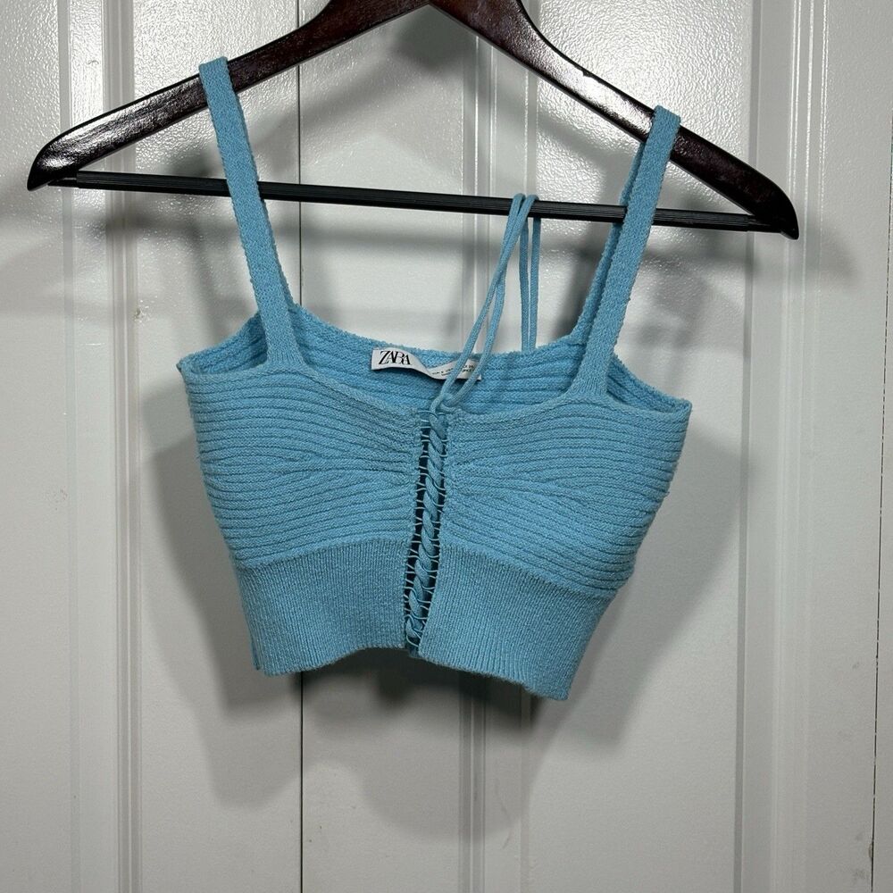 Zara Knit Crop Top Women S Blue Ribbed Lace-Up Y2K Sleeveless Coastal Resort